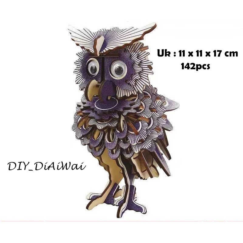 Puzzle 3D DIY bahan kayu model OWL / Burung Hantu / PEACOCK / ZOO mainan puzzle edukasi anak (kado &amp; pajangan)