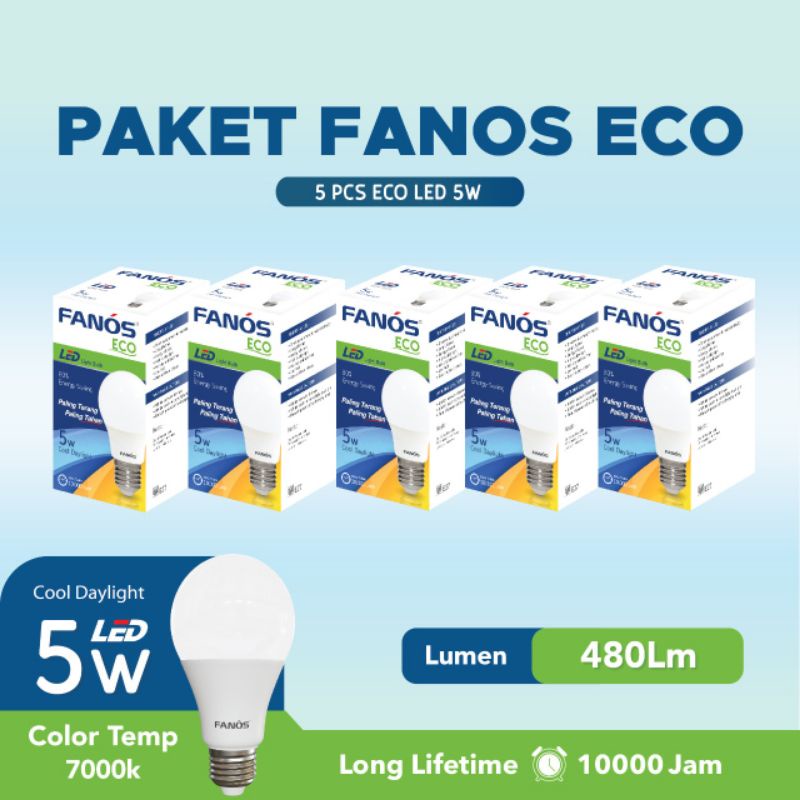 Paket 5 pcs Lampu Led Fanos eco 5 watt Putih dan Kuning Garansi 1 Tahun