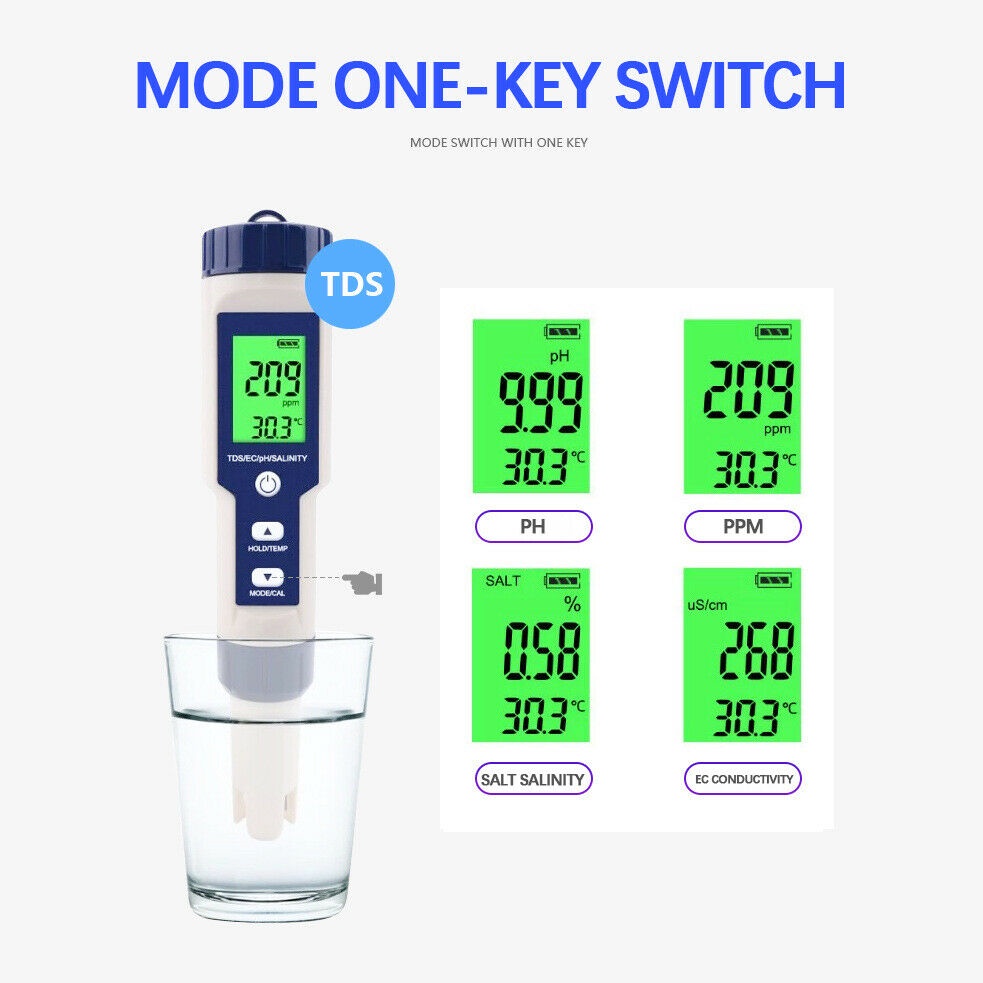 5 In 1 Tds / Ec / Ph / Salinity / Temperatur Meter Digital Untuk Mengukur Kualitas Air