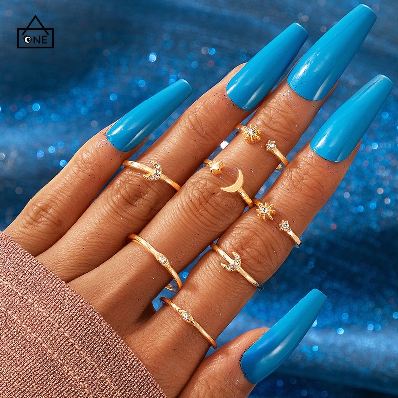 COD❤7 Piece Cincin Set Kupu-kupu Bintang Bulan Korea Retro Bohemian Mewah Pernikahan  Aksesoris A one