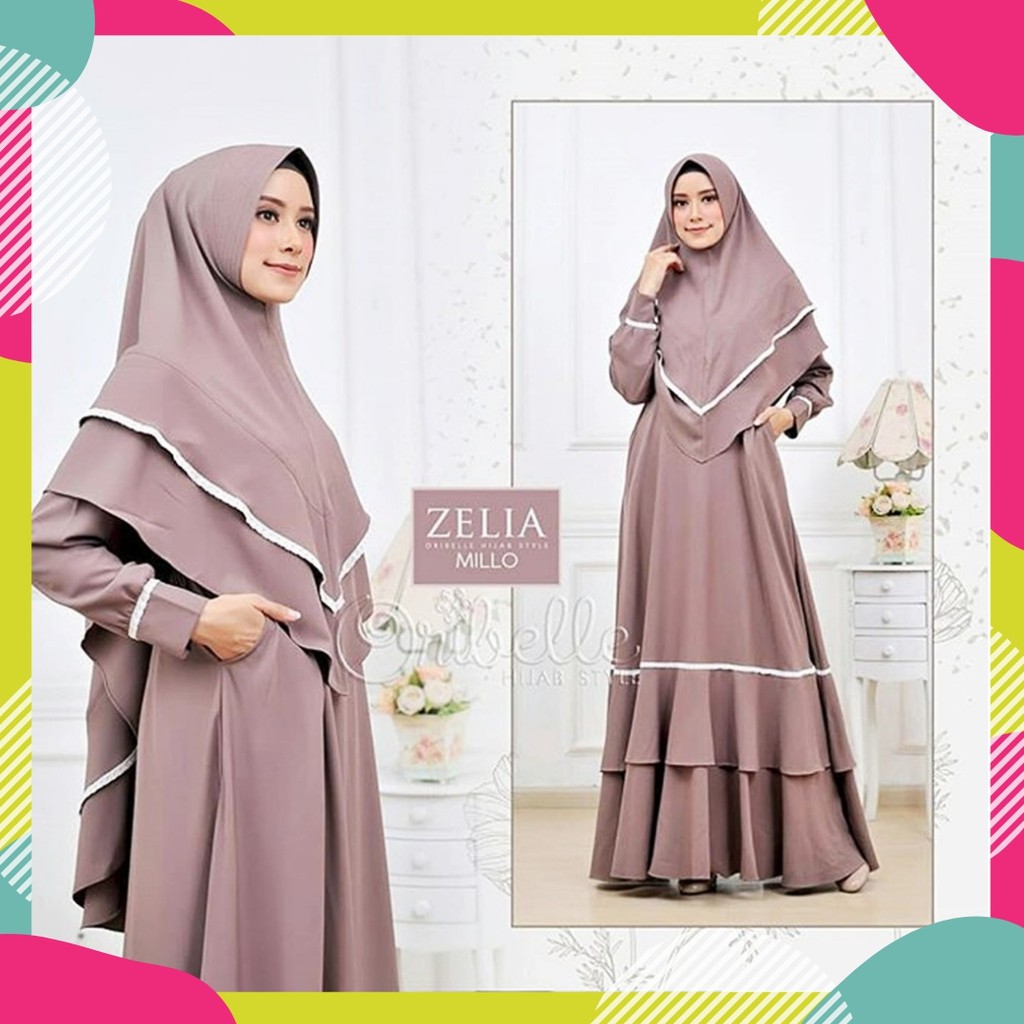 gamis syar i wanita muslim Zelia syari Khimar bahan 