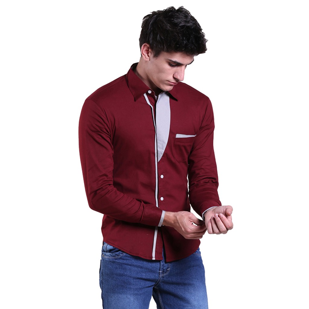 Pakaian Pria Kemeja Slim Fit Maroon Lengan Panjang Bisa COD Retur