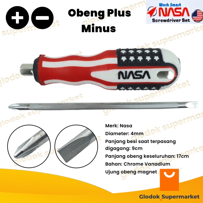 Obeng Bolak Balik Nasa Panjang Besi 9cm Diameter 4mm Plus Minus Magnet 2 Way