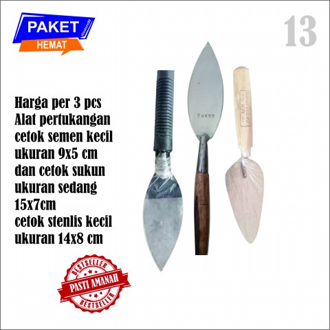 13) satu paket hemat 3 pcs alat tukang cetok kecil gagang karer hitam, cetok stenlis kecil dan cetok