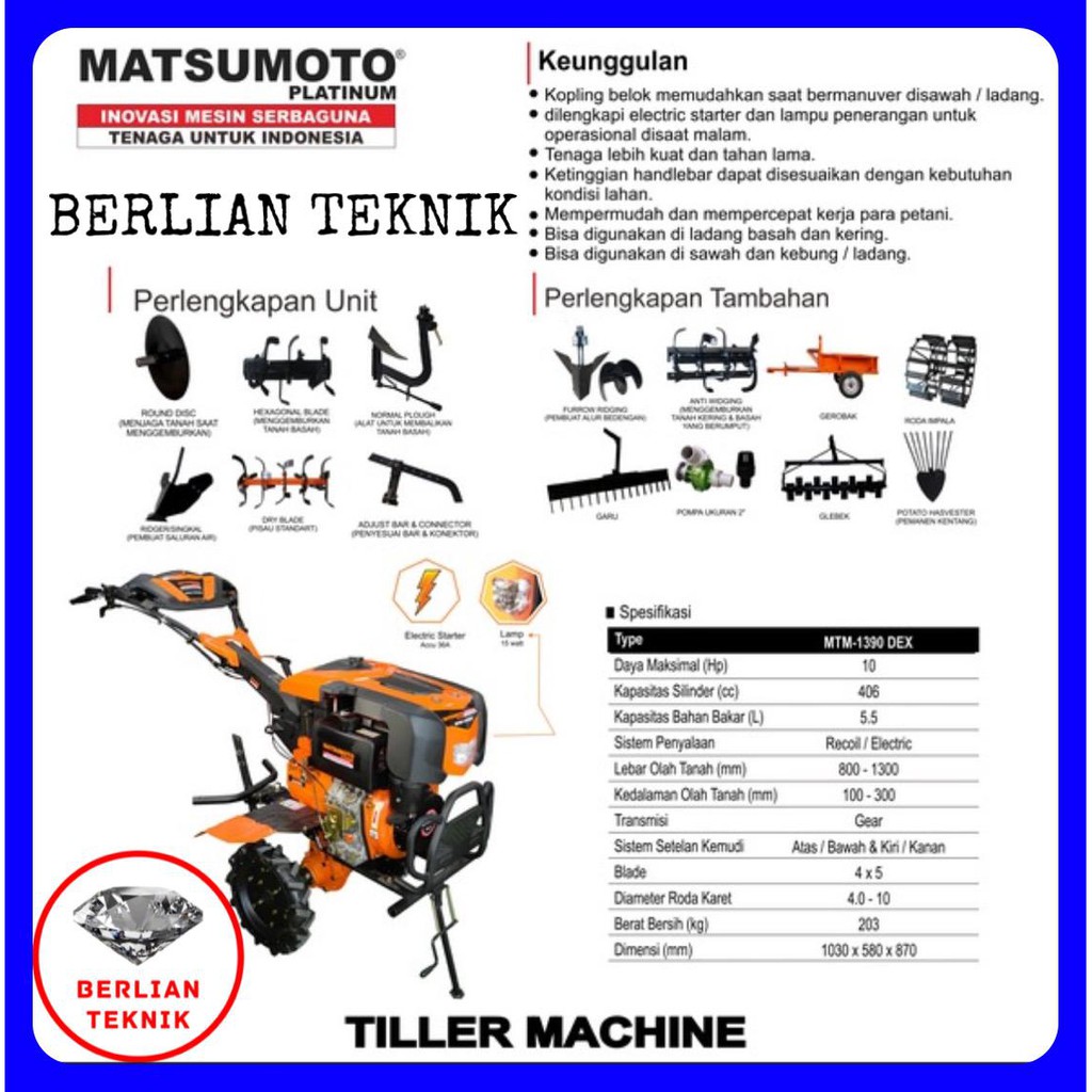 Traktor Sawah Tiller Matsumoto MDX 1390 DEX lengkap Mesin Solar 10 HP