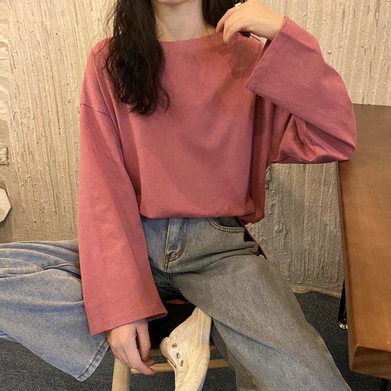 MOOGU ♡ Kaos lengan panjang longgar warna solid atasan wanita tshirt t-shirt top