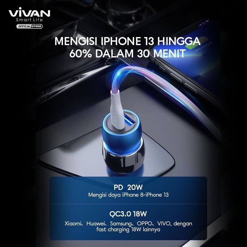 VIVAN VCC04 Car Charger Casan Mobil 2 Ports USB-A &amp; Type C 20W 3A PD QC3.0 Fast Charging - Garansi 1 Tahun