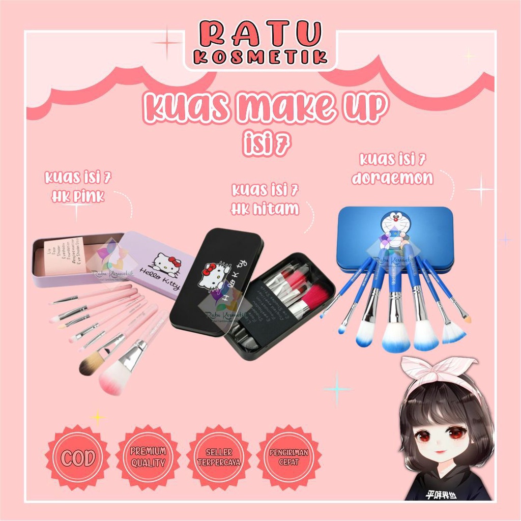 ❤ RATU ❤ Kuas Hello Kitty Doraemon Set Isi 7 | Brush Make Up Kaleng Kitty Doraemon | Tabung Silinder Set Isi 12 | Kuas Make Up Nalamei 5in1