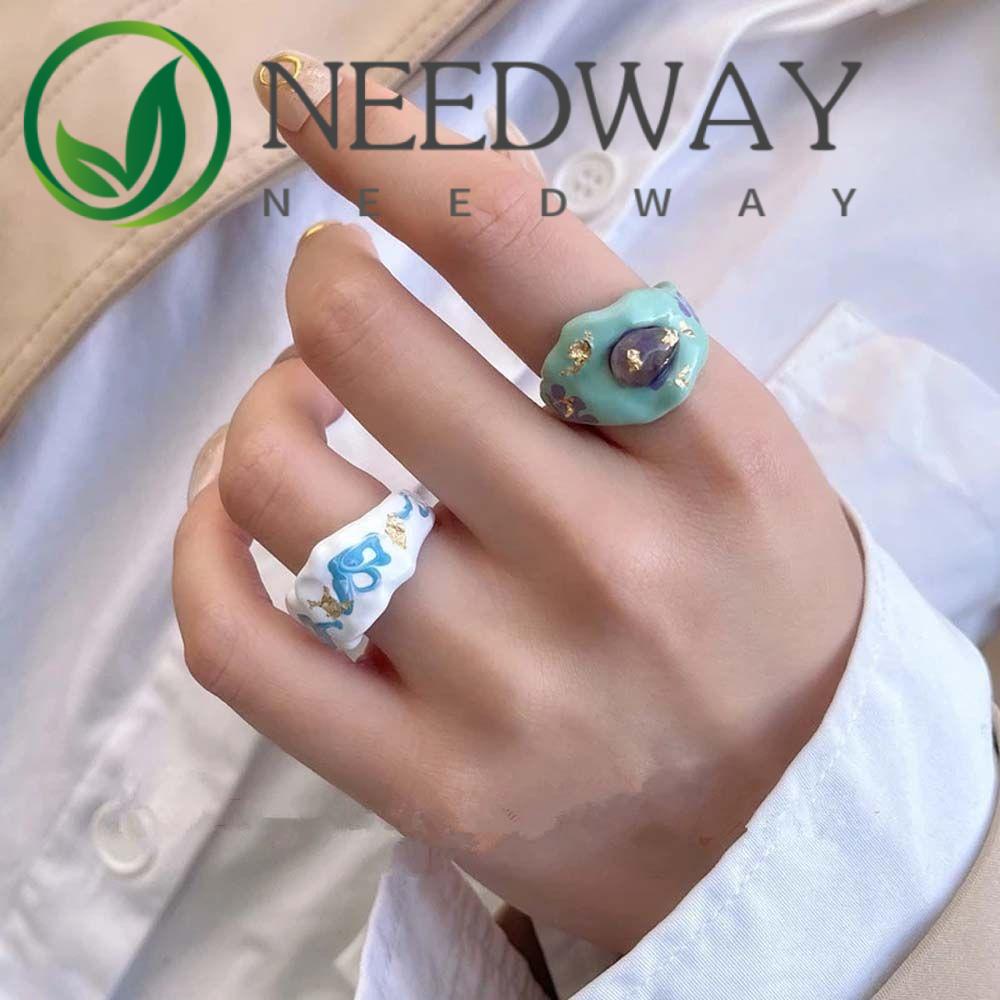 Needway  Geometric Finger Rings Personality Alloy Open Ring Women Colorful Korean Painted Flower Temperament Girls Fashion Jewelry/Multicolor