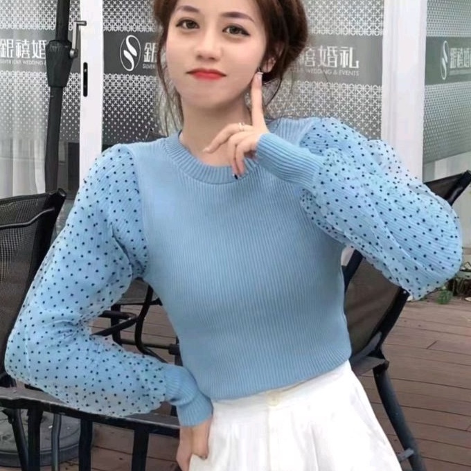 C497 Baju atasan blouse rajut knit lengan panjang polka polkadot Korean style wanita import baju ata