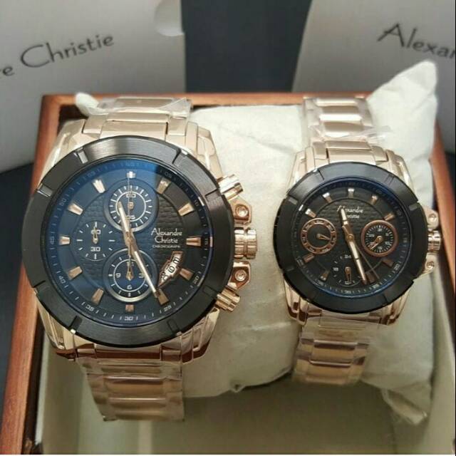 MURAH JAM TANGAN COUPLE ALEXANDRE CHRISTIE 6226 ROSEGOLD BLACK ORIGINAL HARGA SEPASANG