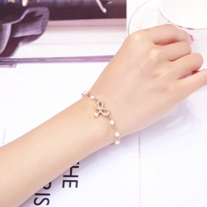 Gelang Korea Fashion Busur Mutiara Hias Berlian imitasi Bangle Liar