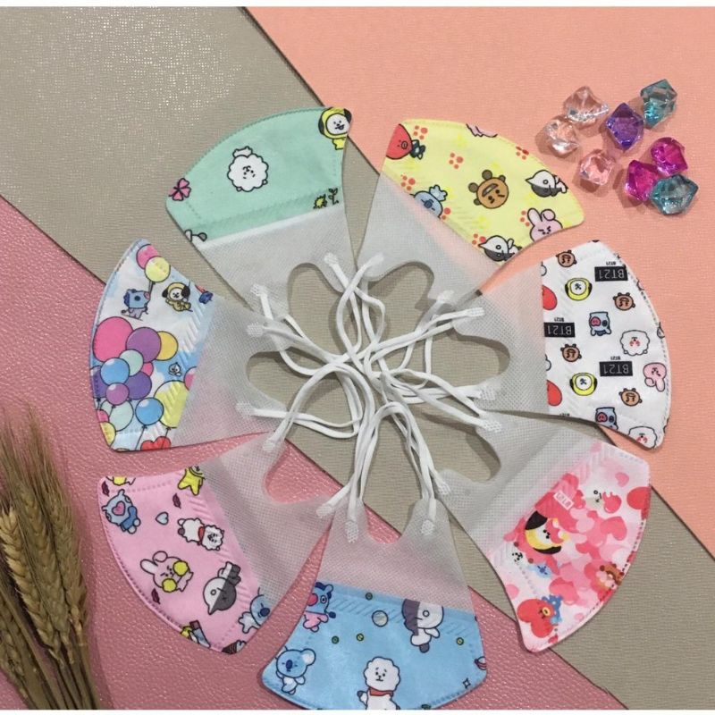 MASKER DUCKBILL ANAK 3PLY EARLOOP MOTIF KPOP KOREA BT21 BTS MIX MOTIF