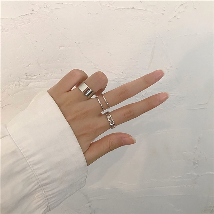 3 Buah/Mengatur Cincin Rantai Sederhana Fashion Baja Titanium Perak Kreatif Retro Perhiasan Aksesoris Wanita Rings Set Adjustable Size