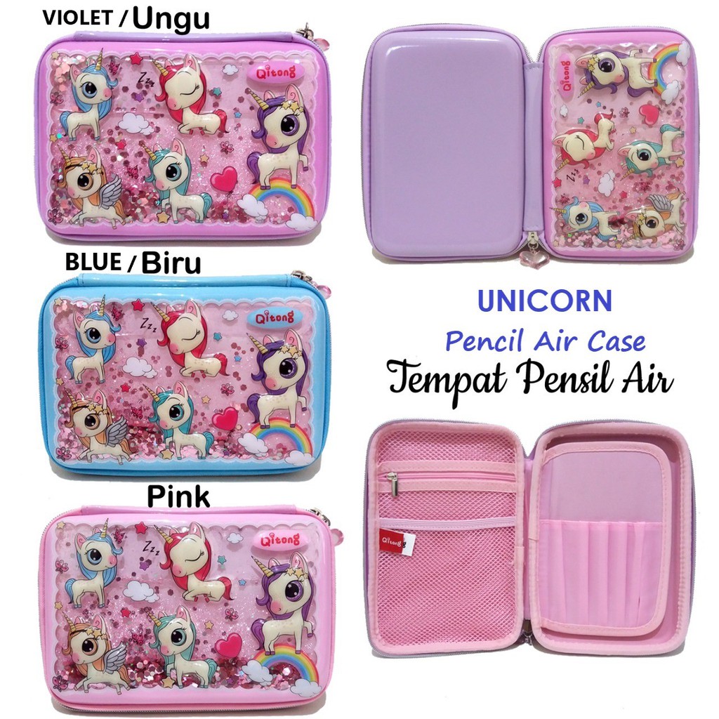 Tempat Pensil Karakter Unicorn Glitter / Mermaid Glitter Air / LOL Timbul / Kotak Pensil Unicorn LOL