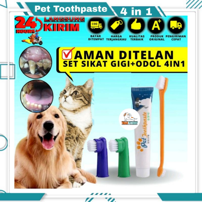 Sikat Gigi dan Odol Anjing Kucing 4 In 1 Dog n Cat PetTooth Brush and Paste