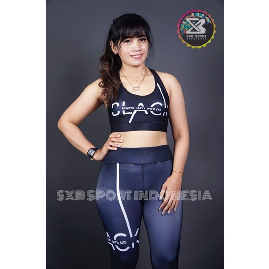 Pakaian Olahraga Wanita SXB BLACK WORD SPORT BRA AND LEGGING
