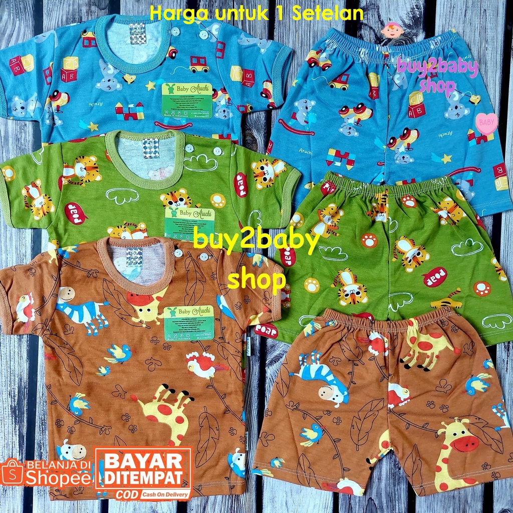 Baju bayi setelan kaos celana pendek Baby Aruchi 0-12 bulan 1 setelan