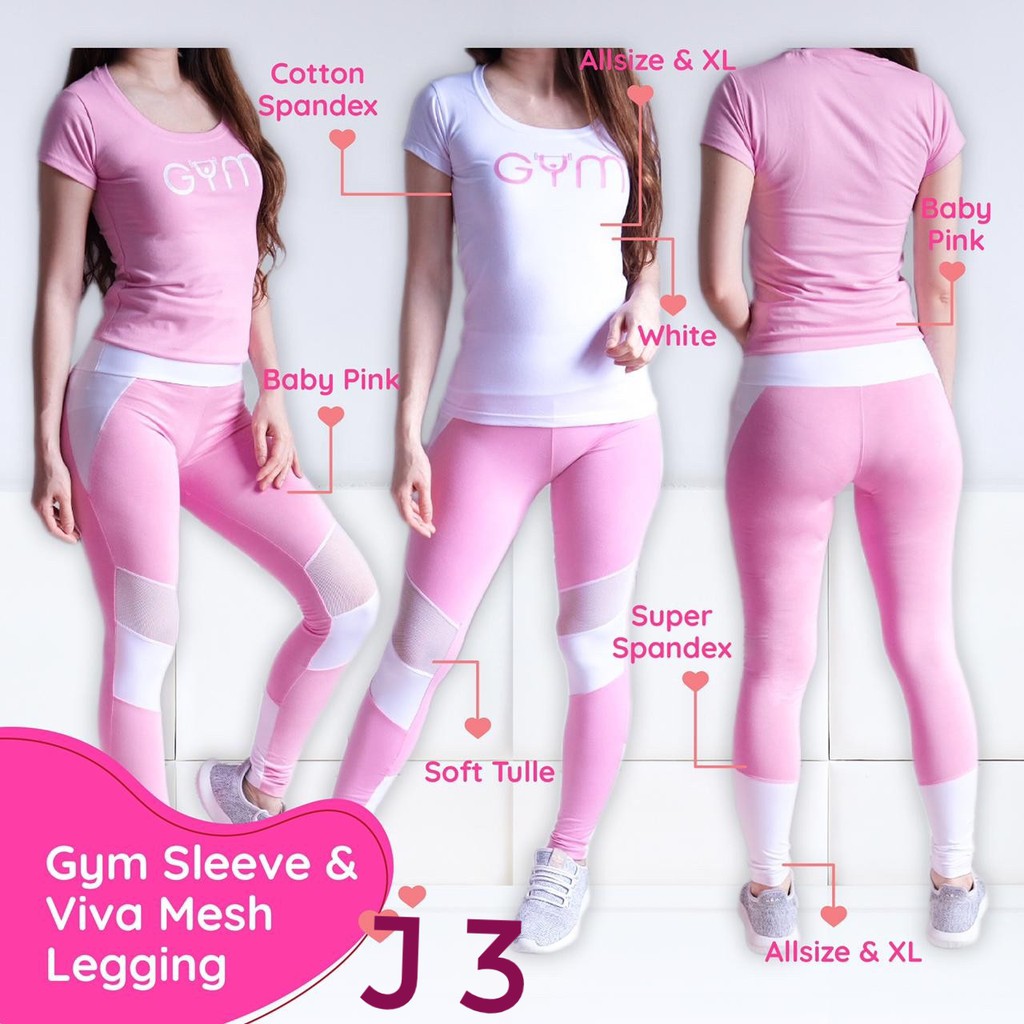SETELAN SENAM KAOS LEGGING GYM VIVA SET BABY PINK PUTIH baju olahraga wanita baju zumba obic sepeda
