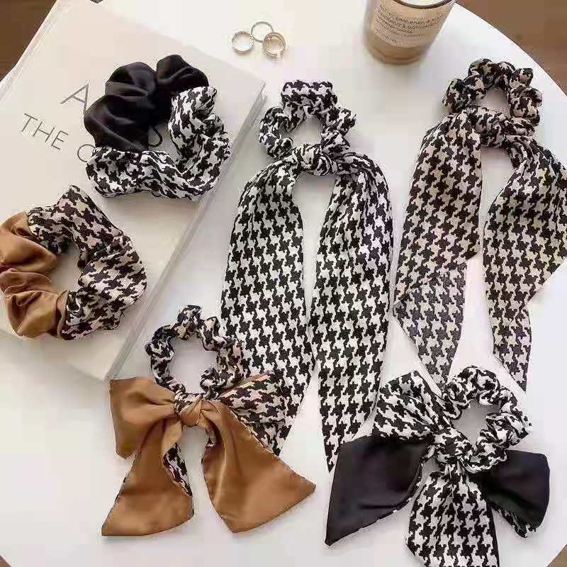 Versi Korea busur panjang pita rambut cincin houndstooth tali kepala dengan pita karet pita