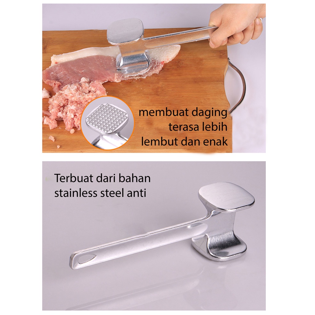 Meat Hammer Tenderizer Pelunak/Pelembut Daging Stainless Dua Sisi Palu Daging Gepukan Pengepuk