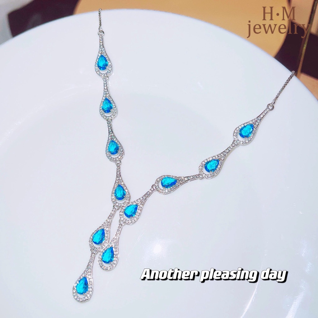 Kalung Rantai Sterling Silver 925 Dengan Liontin Batu Topaz Aquamarine Natural Untuk Wanita