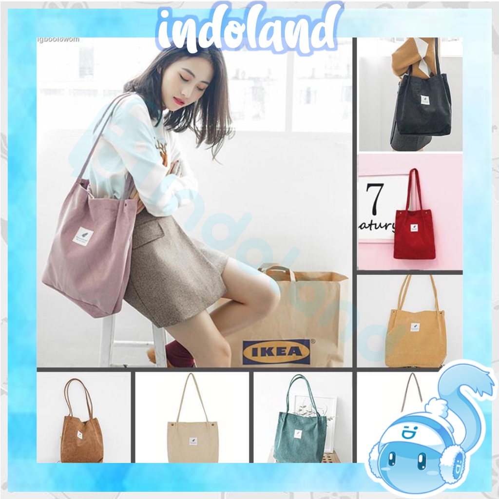 ☀ INDOLAND ☀ W056 Tas Tote Bag Corduroy Korea Totebag Canvas Selempang Slempang Kanvas Kuliah Import