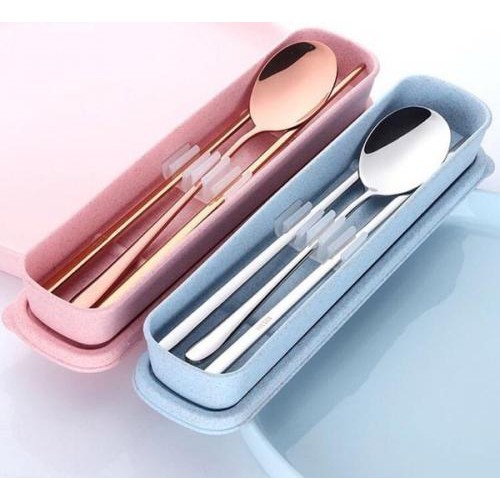 Paket Sendok Sujeo Garpu Sumpit Sedotan Pisau Stainless Warna Alat Makan Cutlery Set Travel Box