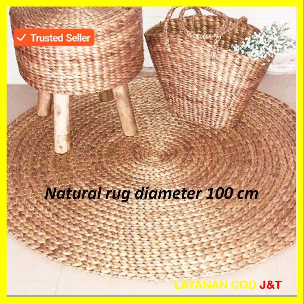 karpet bulat natural / rug  / floormat anyaman enceng gondok warna natural diamter 100 cm dan 120 cm