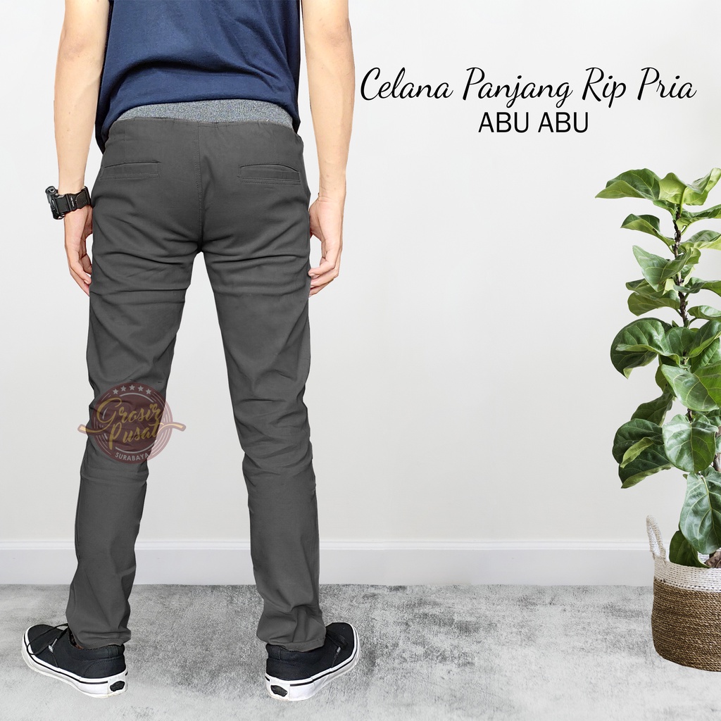 Celana Panjang Chinos Pria Abu Model Rip Pinggang Karet