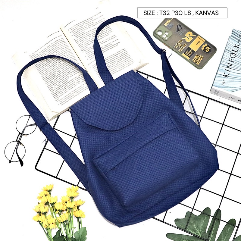Bayar di Tempat COD Tas Ransel Serut Bahan Kanvas KANTONG Depan Ukuran Medium tas punggung wanita-Warna 692
