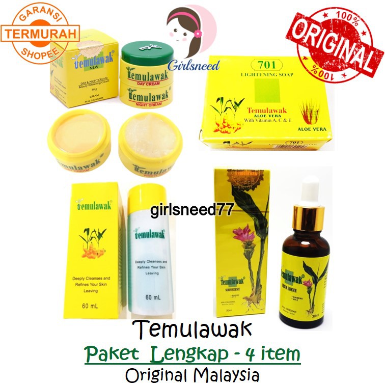 Cream Temulawak Paket Lengkap 4 pcs Krim Siang Malam Sabun toner plus Serum Essence Whitening Ori