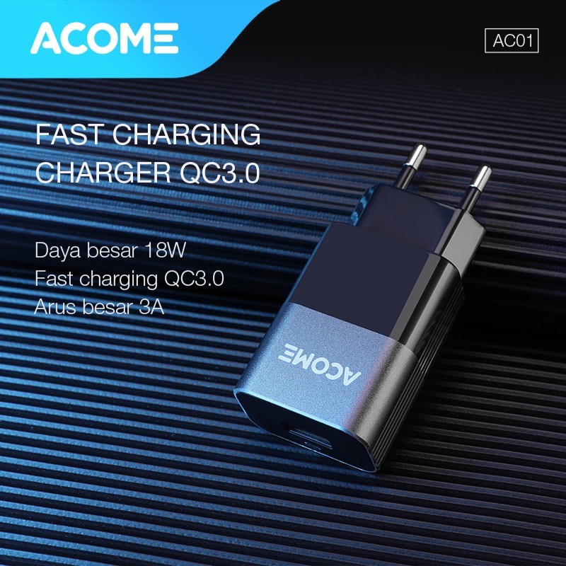 ACOME AC01 Charger Original 3A QC3.0 Fast Charging Micro USB Type-C OPPO iPhone Garansi Resmi 1 Thn