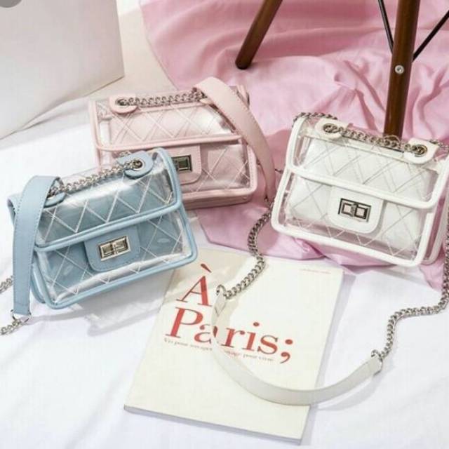Fashion transparan kunci mika jait2 / tas selempang rante
