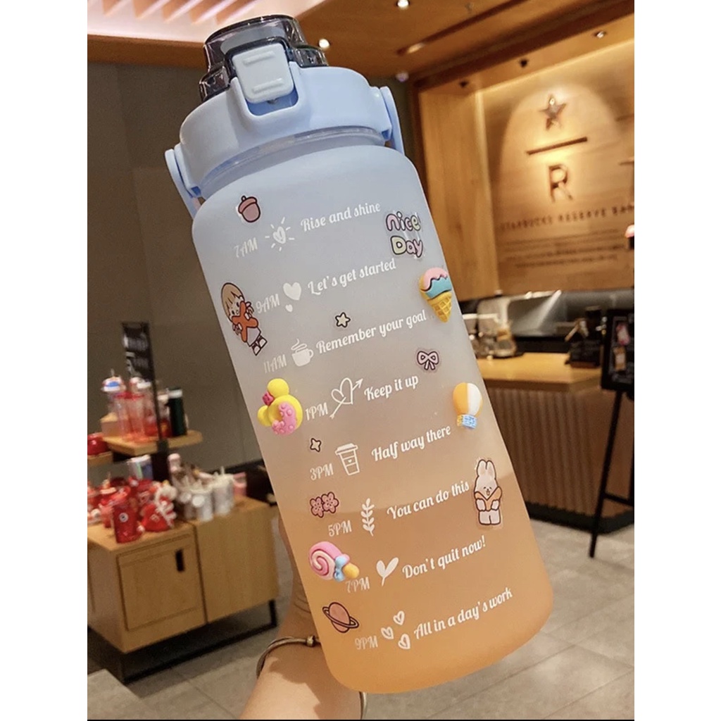 Botol Minum 2 Liter 2000ML VIRAL 2L Korea Penanda Waktu Lucu Unik Warna Gradasi WITH STIKER 3D