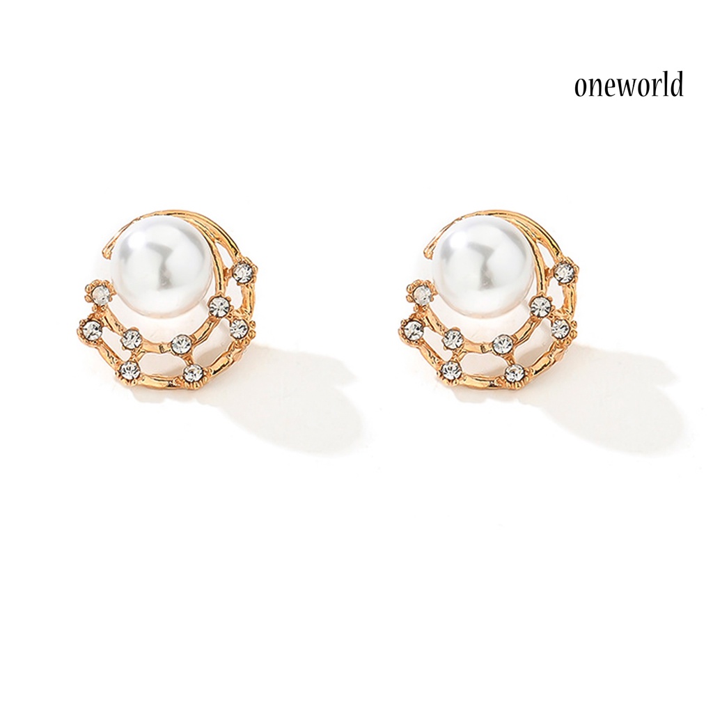 OW@ Fashion Women Rhinestone Faux Pearl Hollow Ear Stud Earrings Jewelry