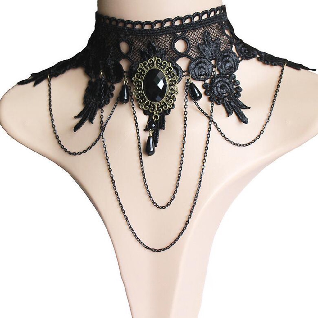 Hu Hu Hu Hu Hu Alat Bantu Pasang Kacamata♡ Set Kalung Chokergelang Tangan Lace Lebar Aksen Batu Permata Imitasi Gaya Gothicpunk Untuk Wanita