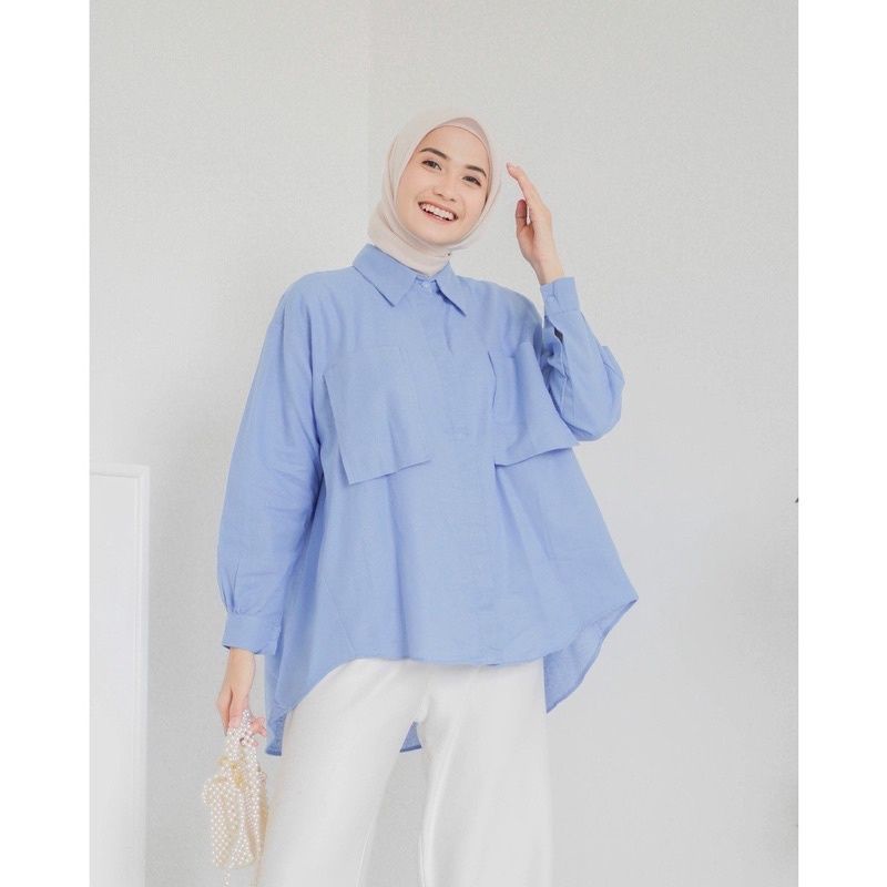 Kemeja Oversized Jazlyn Shirt // Kemeja Pocket Gea Top kekinian // Kemeja Oversized Linen Premium  - Atasan Wanita Lengan Panjang