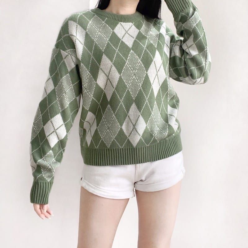 SWEATER RAJUT KNIT CORAK KOTAK TERBARU