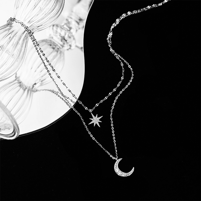 Fashion Star Moon Pendant Necklace Kalung Elegant Silver Multi Layer Chain Necklaces for Women Jewelry