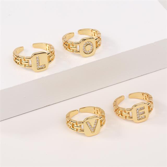 Ornamen tembaga 18K emas 26 huruf Inggris hip hop cincin tali terbuka cincin ins gelang