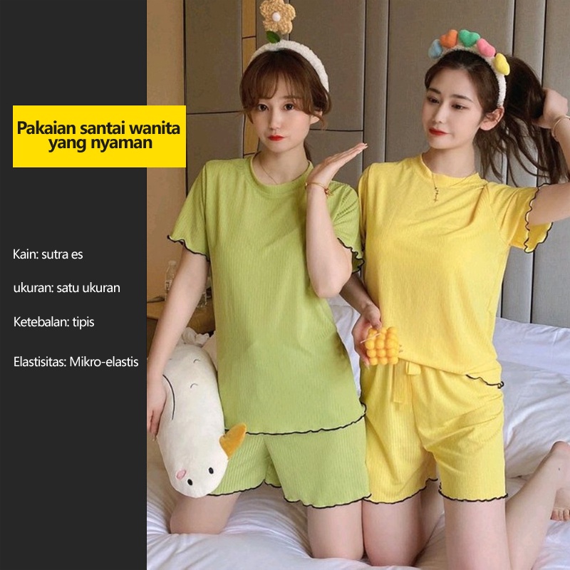 UNINICE Ruffle Ice Silk Set Piyama / Baju Tidur / Setelan Wanita daster/warna solid satu ukuran piyama set/Pakaian rumah yang nyaman, bernapas, dan menyegarkan