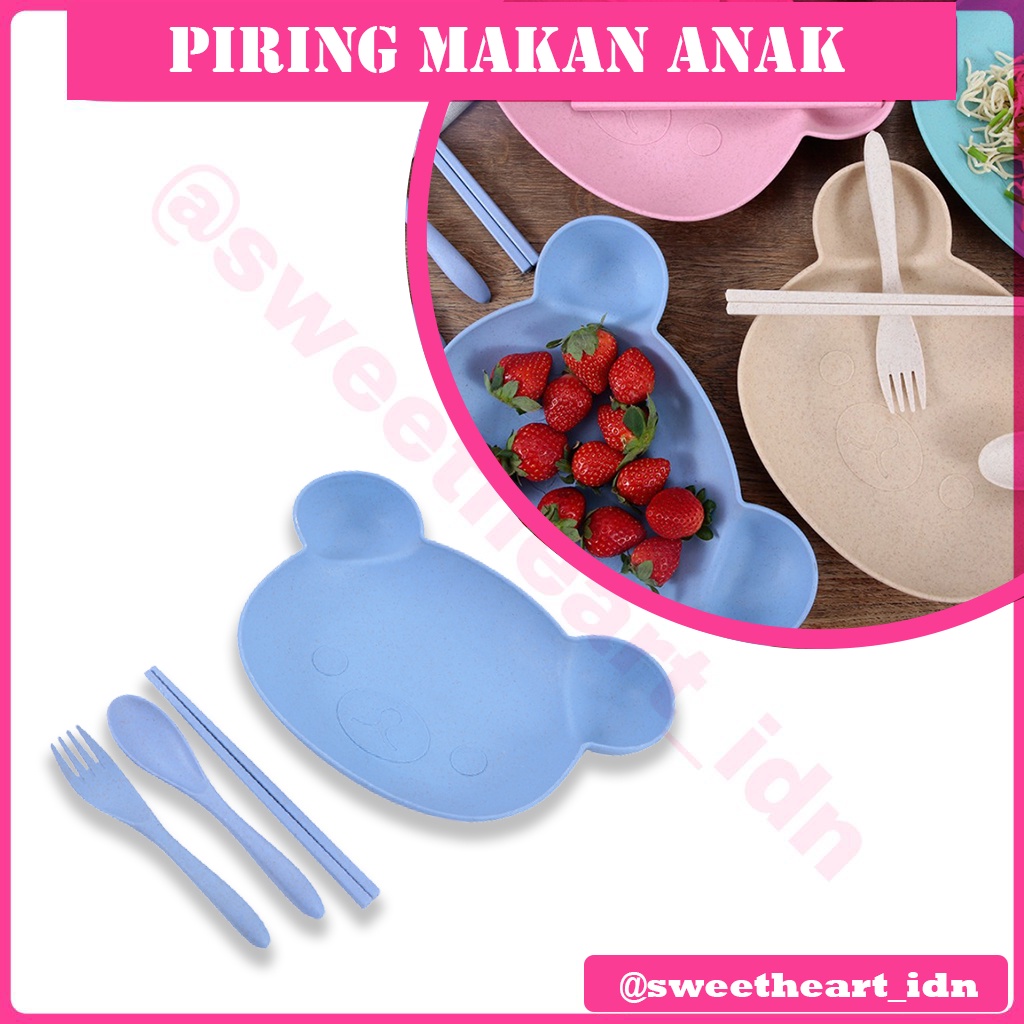 Piring makan anak set sendok garpu sumpit bahan jerami mangkok anak