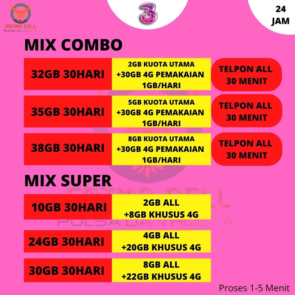 PAKET DATA TRI JUMBO KUOTA BESAR FULL 24 JAM NONSTOP