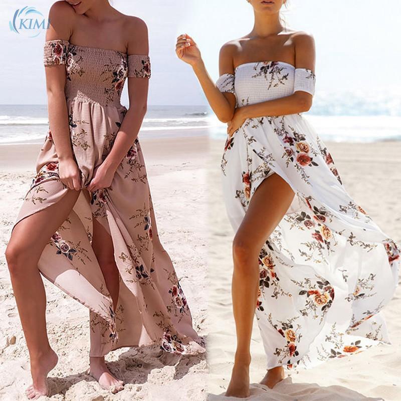 Fashion Wanita Long Dress Pantai  Maxi Boho Off Shoulder 