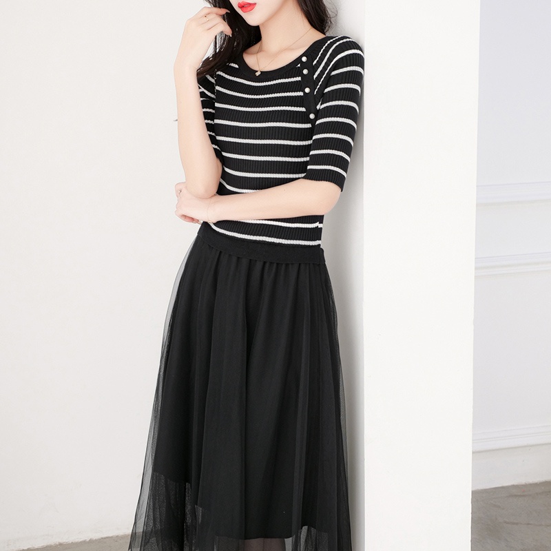 【Elegant】 Korean Solid Hem stitching Gauze Premium Knit Dress  7367