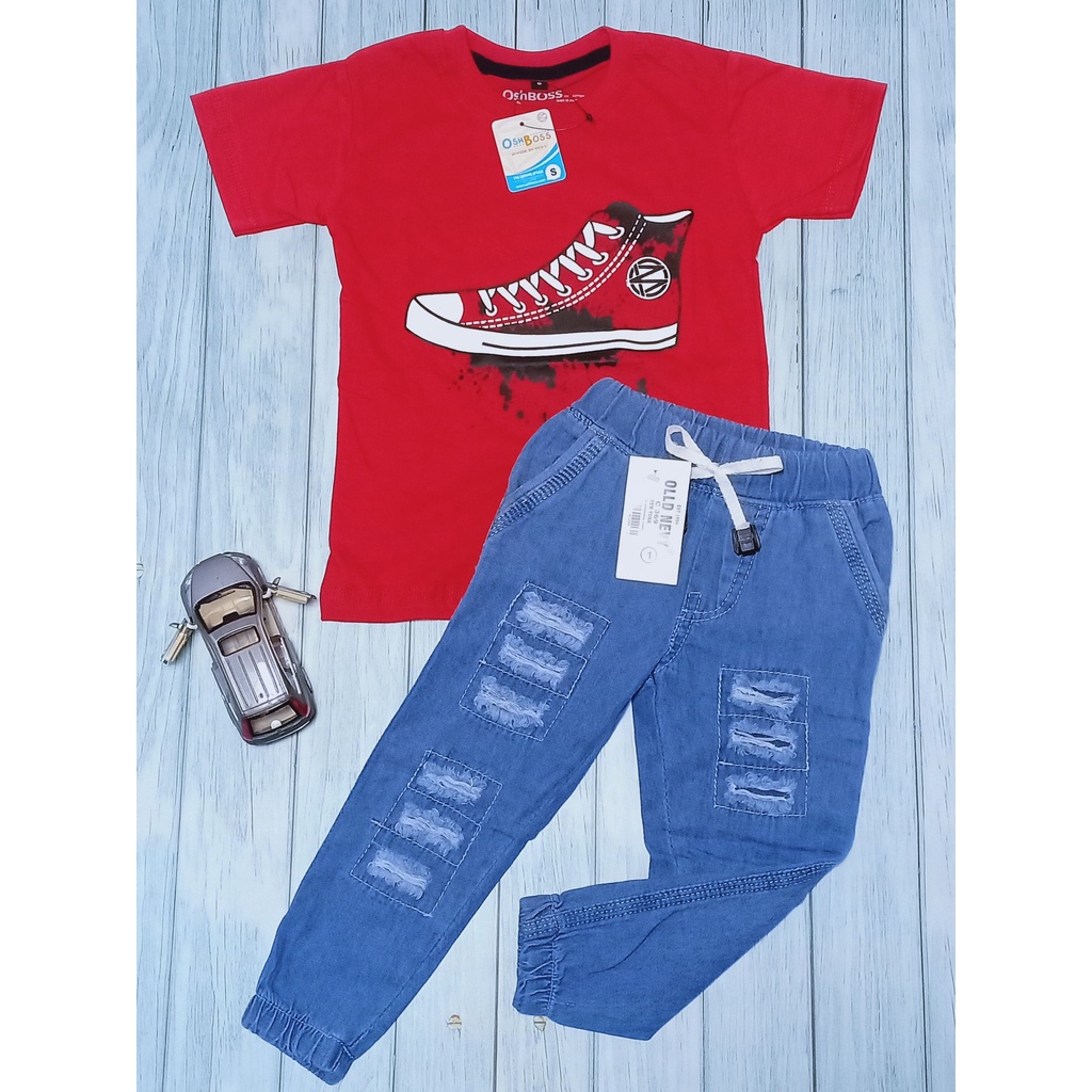 COD BAJU STELAN ANAK LAKI LAKI KAOS ABADI DAN CELANA JEAN RIPPED USIA 1-10 THN BAGIAN 1-SEPATU