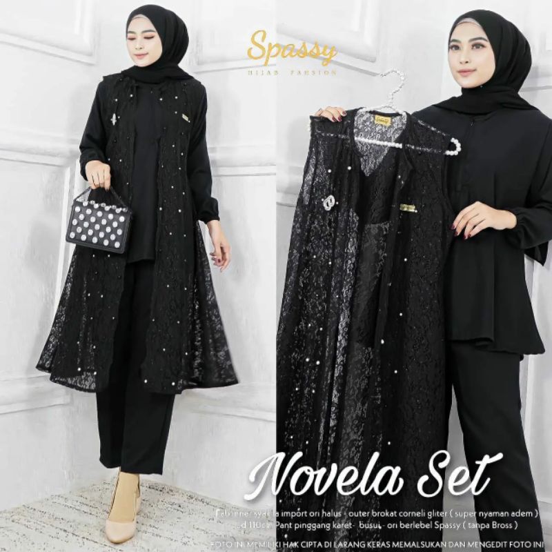 FASHION MUSLIM WANITA NOVELA SET 3IN1BRUKAT BROKAT CORNELLI GLITTER  SETCEL SETELAN CELANA KEKINIAN 