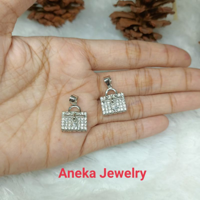 Liontin Tas Cor Mata2, Perak 925, Sepuh Emas Putih