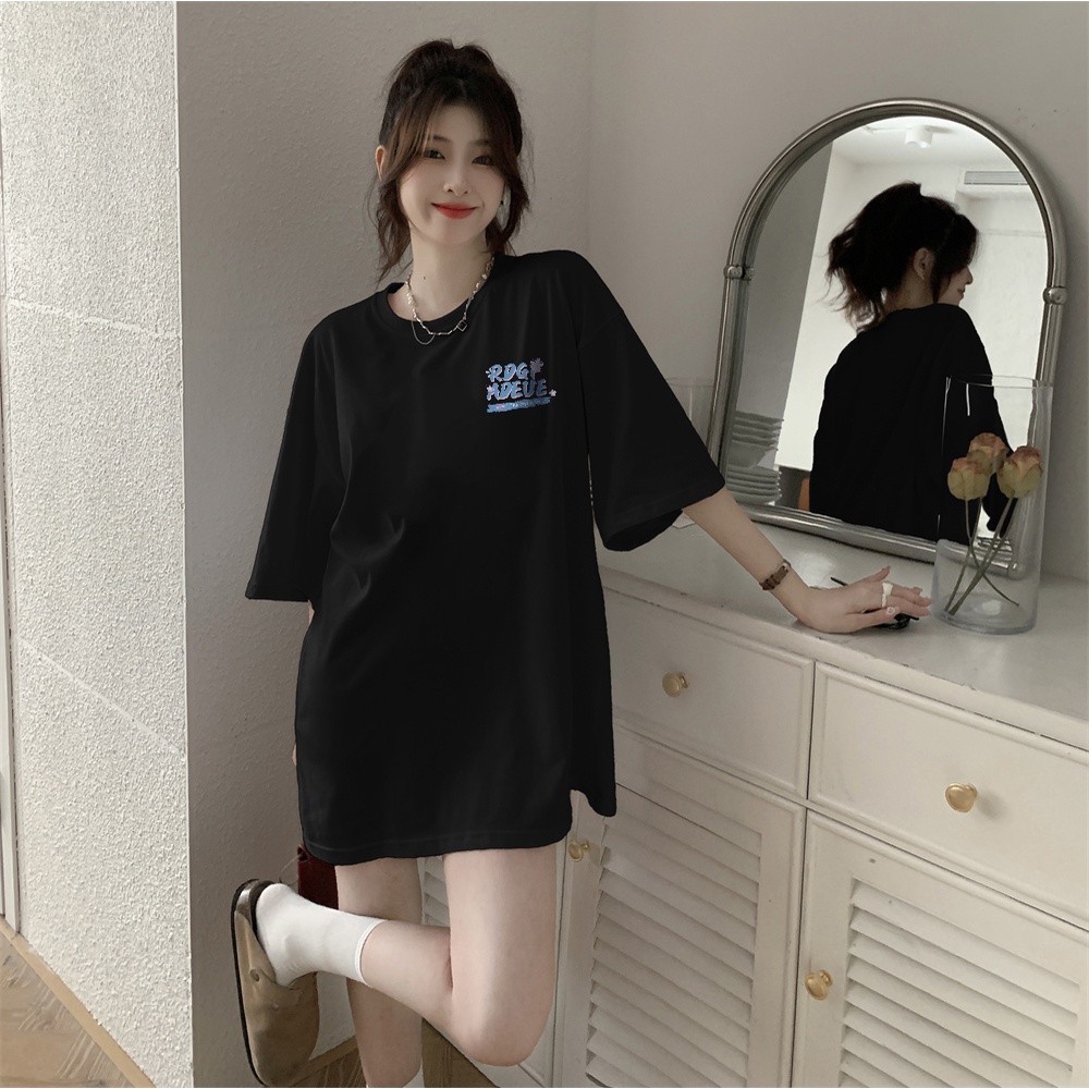 baju atasan wanita korean style/atasan/atasan hitam/atasan wanita warna putih/oversize/Atasan hitam lengan pendek retro longgar gaya korea sederhana